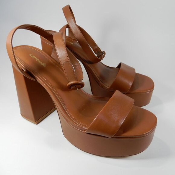 Larroude Dolly Block Heel Platform SANDALS Size 10 Brown Leather NEW $315 - Picture 16 of 16